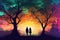 romantic couple silhouette stand under big tree