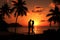 A romantic couple stands before a sunset, framed by palm trees\\\' silhouettes