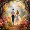 Romantic Couple Strolling Hand-in-Hand through a Vibrant Garden