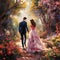 Romantic Couple Strolling Hand-in-Hand through a Vibrant Garden