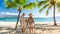 Romantic couple strolling on white sand beach on a tropical paradise island with space for text