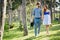 Romantic couple walking forest