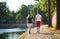 Romantic couple walking near the Seine