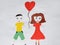 Romantic couples. Boy and girl in love hugging, cuddling and kissing. Children`s drawing. Hand drawn