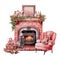 Romantic Cozy Fireplace Pink Christmas Watercolor Illustration