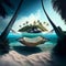 Romantic cozy hammock between palm trees on the tropical beach by the sea Generative AI