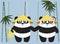Romantic cute pandas with straw hats holding hands in a bamboo forest