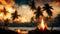 Romantic date concept. Burning fire on the tropical beach on palm trees background