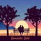 Romantic Date Couple lovers on bench in park, under trees. Sunset, night, stars. Vector Happy Valentines Day