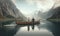 Romantic Date on a Lake: Young Couple in a Boat with Alpine Mountains in the Background.