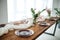 Romantic decorated wooden table with flowers