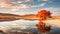 Romantic Desert Landscape Photo With Red Tree And High Mountains