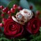 Romantic details engagement rings amidst red and pink roses