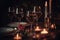 Romantic Dining Experience: Wine Glasses, Candles, and Red Roses Adorn a Beautiful Table Setting