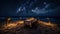 Romantic dinner on the beach at night. Starry sky. Generative AI