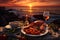 Romantic dinner on the beach at sunset. Lobster, salmon, caviar, croissants and wine, Dinner with seafood and red wine against the