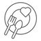 Romantic dinner dish thin line icon. Heart on plate with fork and spoon symbol, outline style pictogram on white