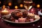 Romantic dinner with heartfelt chocolates and candlelit charm, valentine, dating and love proposal image
