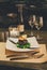 Romantic dinner at luxurious restaurant. Dorado fillet in nori w