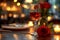 Romantic dinner with rose flower lying on the table, glasses and candles on the wooden desk for Valentine Day