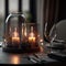 romantic dinner setting, glasses and candles, date for two, evening, burning candles on the table