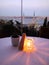 Romantic dinner setting in the restaurant in Istanbul wiht amazing view on the Bosphorus and mosques