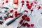 Romantic dinner setup, red decoration with candle light in a restaurant