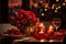 A romantic dinner table setup with drinks, flowers, and candles with copy space, showcasing the essence of a Valentine\\\'s Day