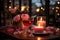 A romantic dinner table setup with drinks, flowers, and candles with copy space, showcasing the essence of a Valentine\\\'s Day