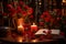 A romantic dinner table setup with drinks, flowers, and candles with copy space, showcasing the essence of a Valentine\\\'s Day