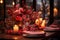 A romantic dinner table setup with drinks, flowers, and candles with copy space, showcasing the essence of a Valentine\\\'s Day