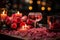 A romantic dinner table setup with drinks, flowers, and candles with copy space, showcasing the essence of a Valentine\\\'s Day