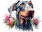 Romantic dog with a delicate flowers. Doberman with flowers isolated on white background. Close up.