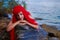 Romantic dreamer girl in mermaid costume on sea side