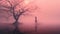 Romantic Dreamlike Illustration Of A Woman Standing In Pink Fog
