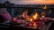 Romantic dusk, candlelit table, wineglass, cityscape luxury, relaxation, celebration generated by AI