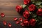 Romantic elegance top view of red roses with a blank card