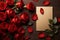 Romantic elegance top view of red roses with a blank card