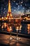 romantic escape in Paris, new year eve wine in the evening, glasses of champagne on Christmas background, glass wine at sunset