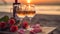 romantic evening on beach glass of wine and roses on table in cafe street on sunset ,Valentine day greetings party