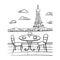 A romantic evening in a cafe on the terrace overlooking Paris. Hand drawn sketch. Vintage style. Black and white vector