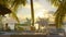 Romantic evening table for two persons on the beach at sunset on the background of beautiful clouds