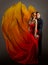 Romantic Fantasy Couple in Love. Elegant Man embracing Mysterious Sexy Woman in Red Dress in Carnival Facial Mask. Lady in Gown