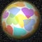 Romantic fantasy planet with rainbow heart motif on background with galaxy stars. Symbol of peace, love, happiness, luck