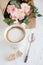 Romantic feminine background with coffee and roses