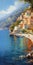 Romantic Fjord Seascape Painting With Amalfi Coast Homes