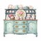 Romantic Floral Motif Blue Dresser With Highly Detailed Illustrations
