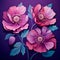 Romantic Flowerpunk: Detailed Painting Of 3 Pink Flowers On Dark Blue Background