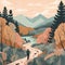 Romantic Forest Path: Birdwatching Illustration With Mountains And Soft Colors