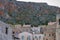 Romantic fortified greek village on rock island Monemvasia at sunset